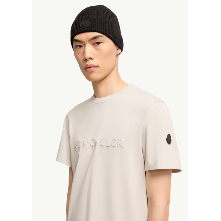 T-shirt col rond MONCLER coton beige logo éponge ton sur ton