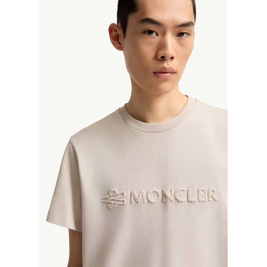 T-shirt col rond MONCLER coton beige logo éponge ton sur ton