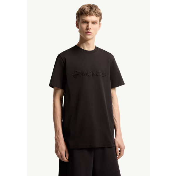 T-shirt col rond MONCLER coton noir logo éponge ton sur ton