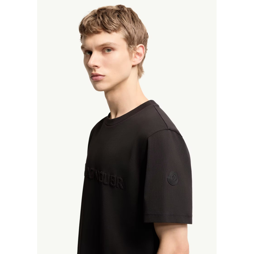 T-shirt col rond MONCLER coton noir logo éponge ton sur ton