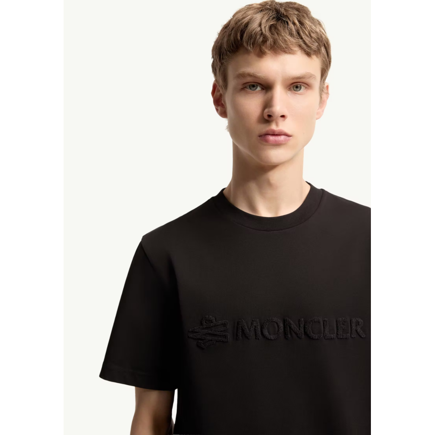 T-shirt col rond MONCLER coton noir logo éponge ton sur ton