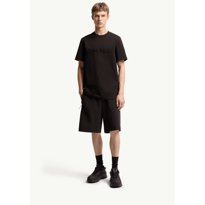 T-shirt col rond MONCLER coton noir logo éponge ton sur ton