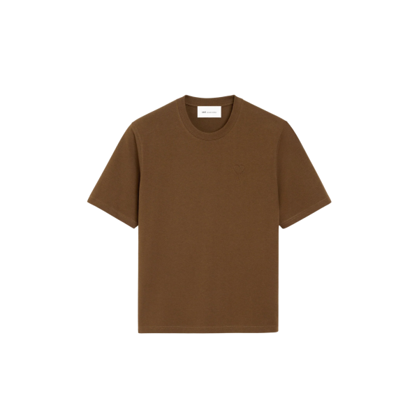 T-shirt AMI Paris col rond jersey de coton épais marron gros cœur embossé marron