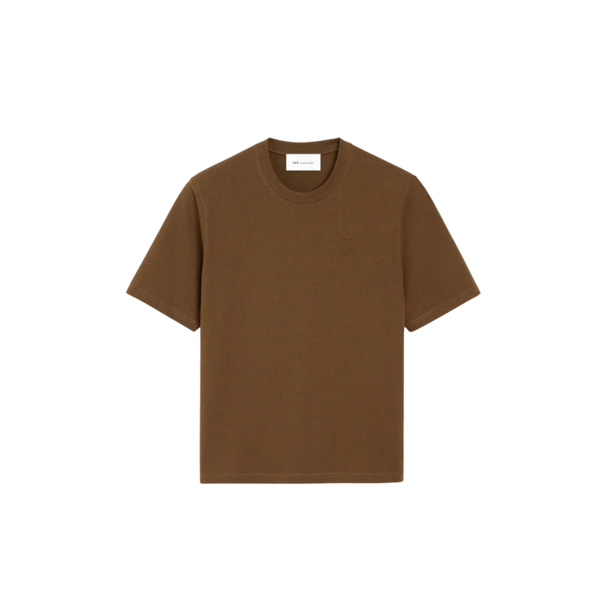 T-shirt AMI Paris col rond jersey de coton épais marron gros cœur embossé marron