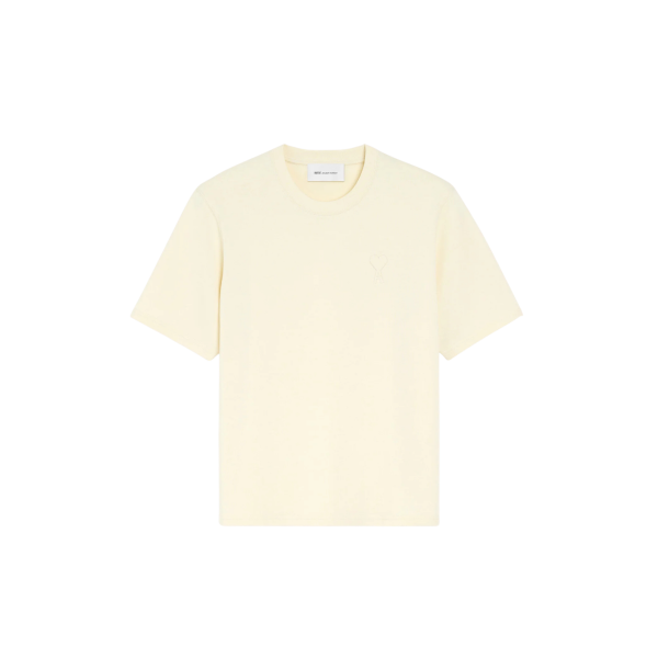 T-shirt col rond AMI Paris jersey de coton épais ivoire gros cœur embossé  ivoire