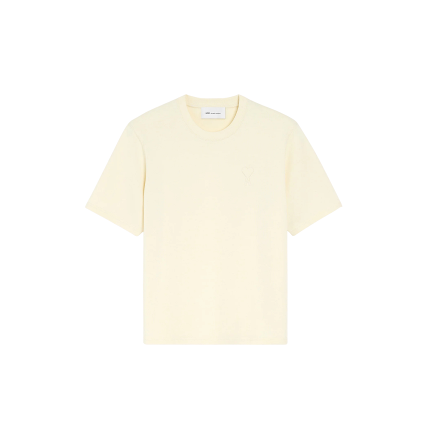 T-shirt col rond AMI Paris jersey de coton épais ivoire gros cœur embossé  ivoire