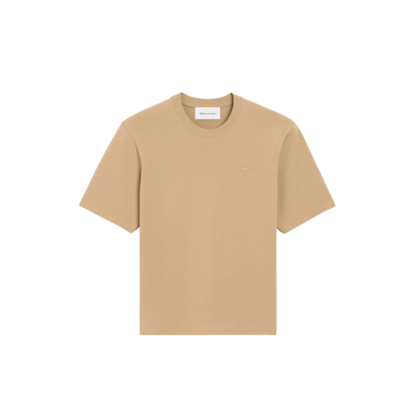 T-shirt col rond coton AMI Paris beige logo coeur embossé beige