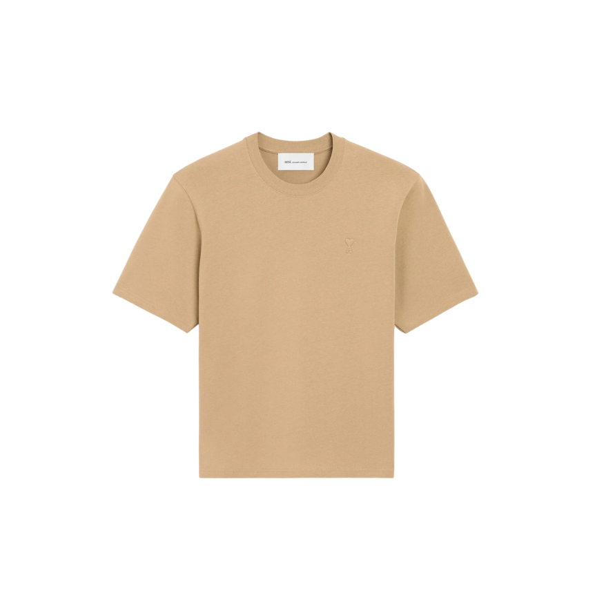 T-shirt col rond coton AMI Paris beige logo coeur embossé beige