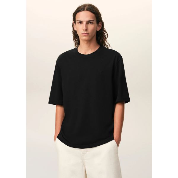 T-shirt col rond AMI Paris coton noir logo coeur embossé noir
