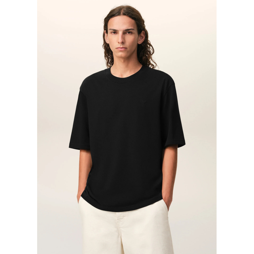 T-shirt col rond AMI Paris coton noir logo coeur embossé noir