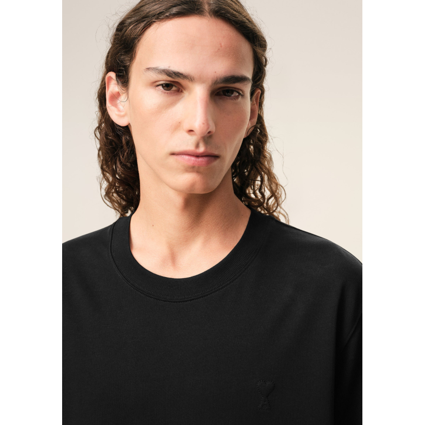 T-shirt col rond AMI Paris coton noir logo coeur embossé noir