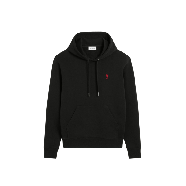 Sweat-shirt à capuche AMI Paris molleton de coton non gratté noir broderie cœur rouge