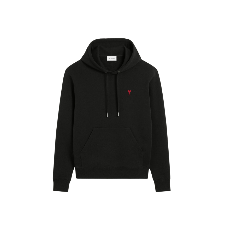 Sweat-shirt à capuche AMI Paris molleton de coton non gratté noir broderie cœur rouge