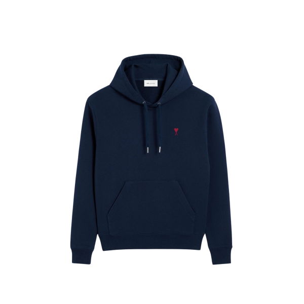 Sweat-shirt à capuche AMI Paris molleton de coton non gratté bleu marine broderie cœur rouge