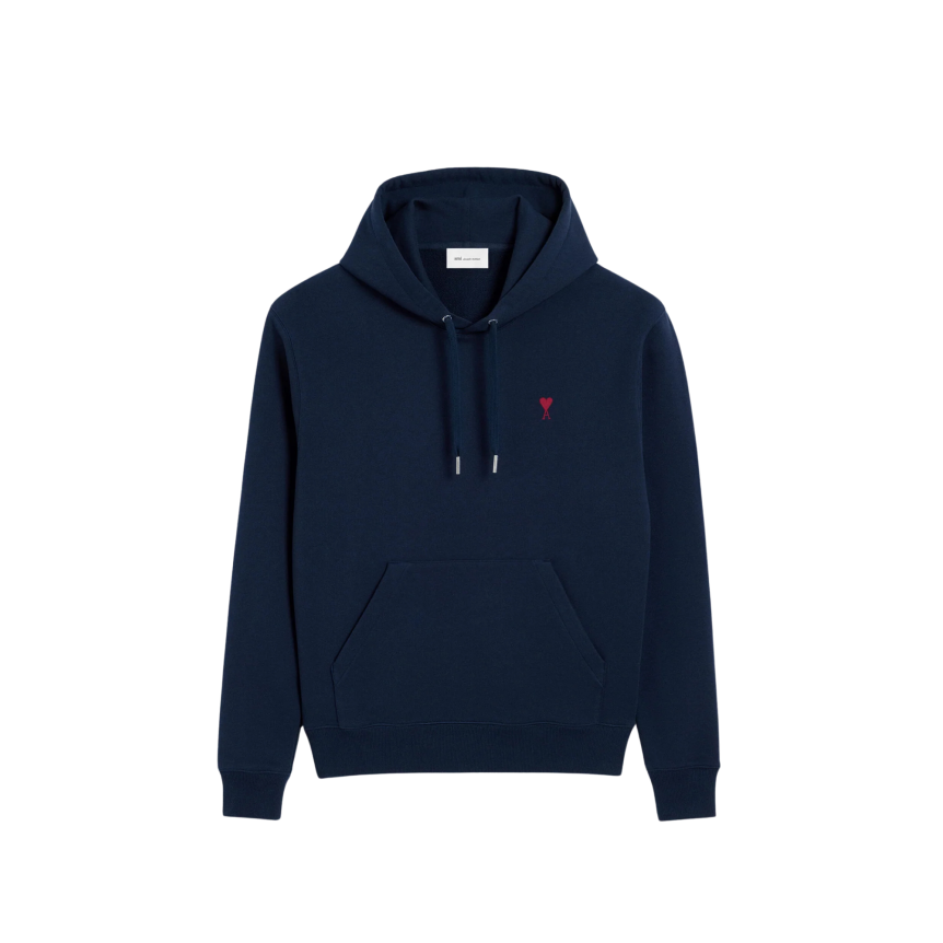 Sweat-shirt à capuche AMI Paris molleton de coton non gratté bleu marine broderie cœur rouge