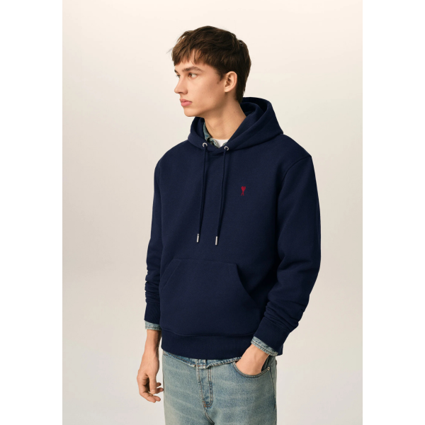 Sweat-shirt à capuche AMI Paris molleton de coton non gratté bleu marine broderie cœur rouge