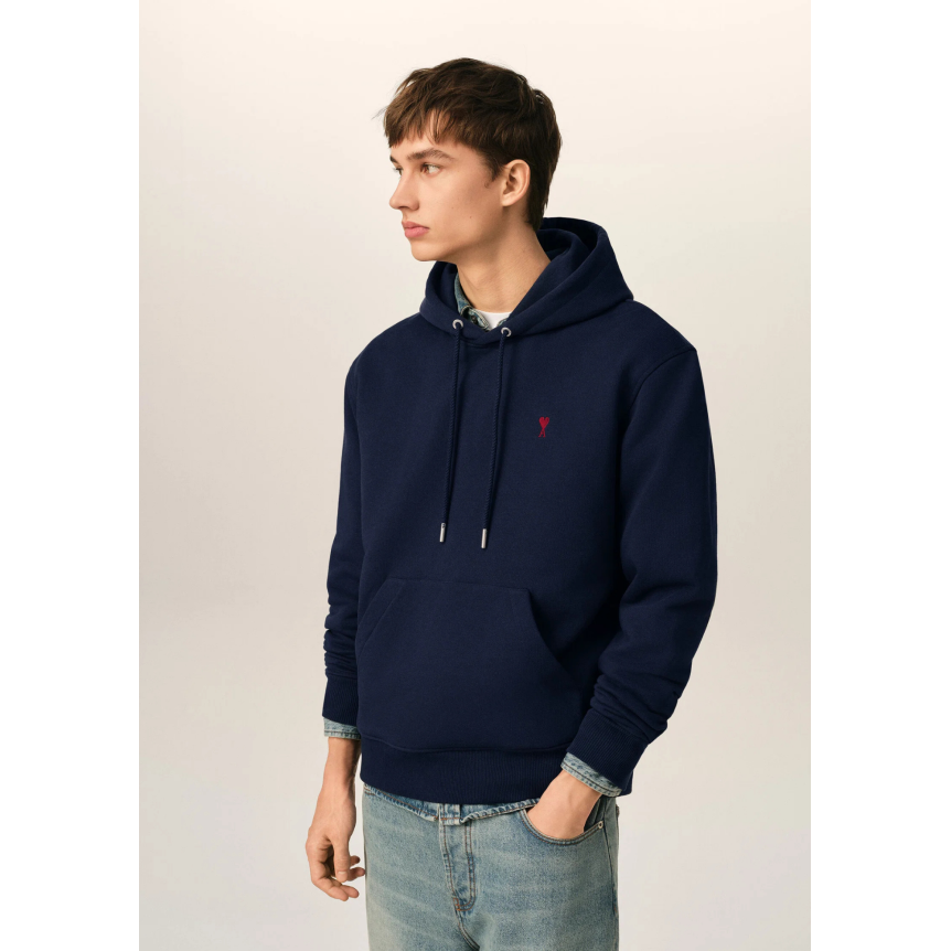 Sweat-shirt à capuche AMI Paris molleton de coton non gratté bleu marine broderie cœur rouge
