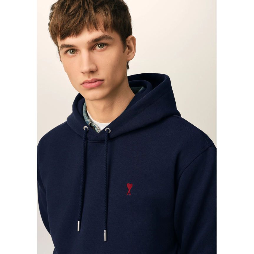 Sweat-shirt à capuche AMI Paris molleton de coton non gratté bleu marine broderie cœur rouge