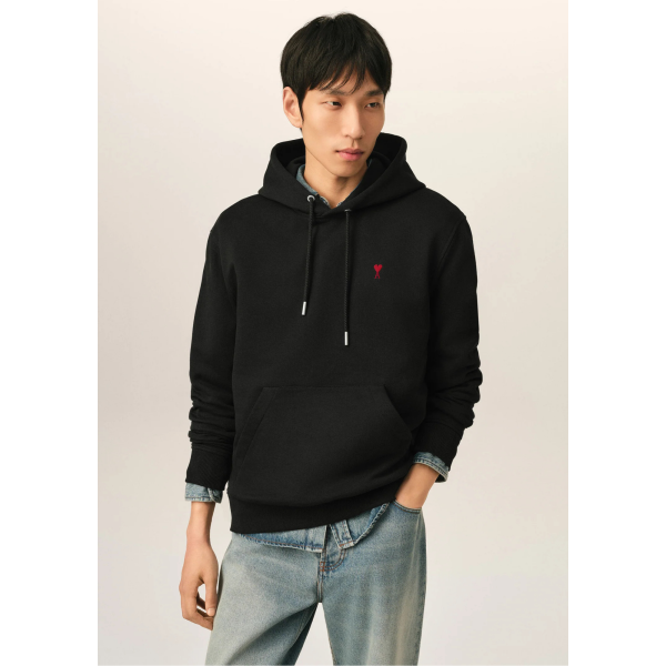 Sweat-shirt à capuche AMI Paris molleton de coton non gratté noir broderie cœur rouge