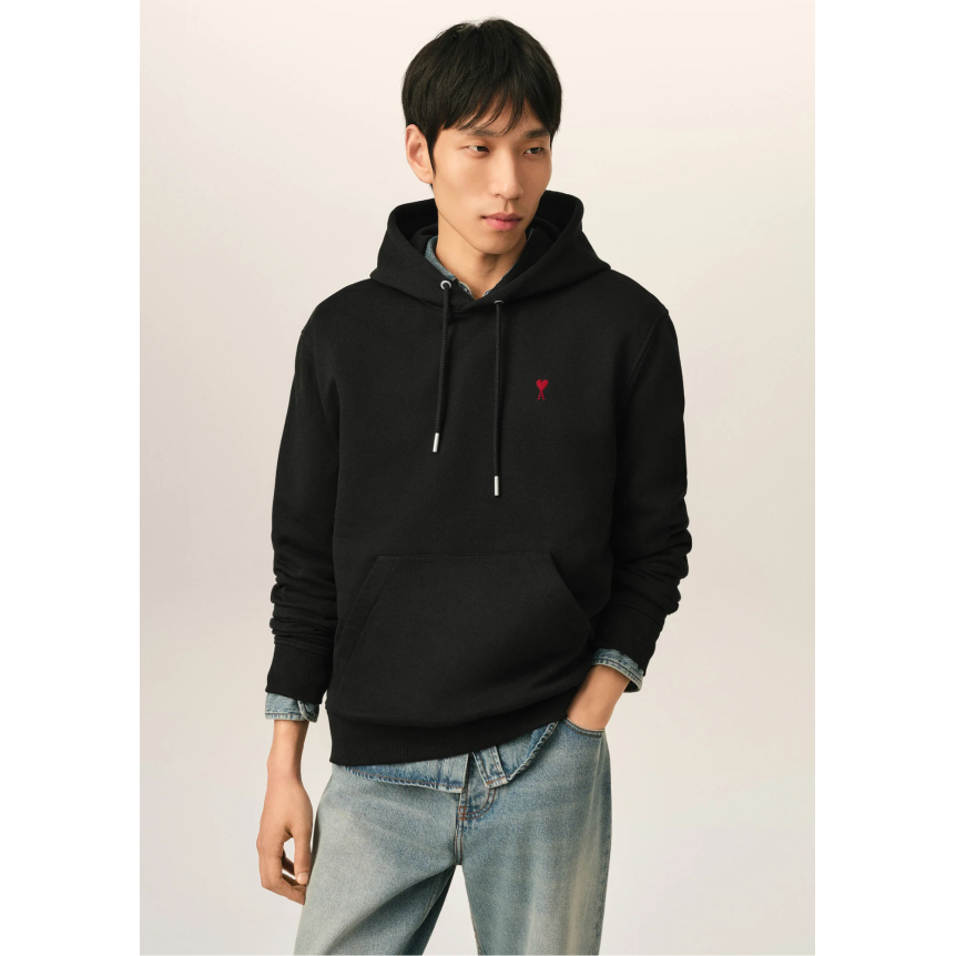 Sweat-shirt à capuche AMI Paris molleton de coton non gratté noir broderie cœur rouge