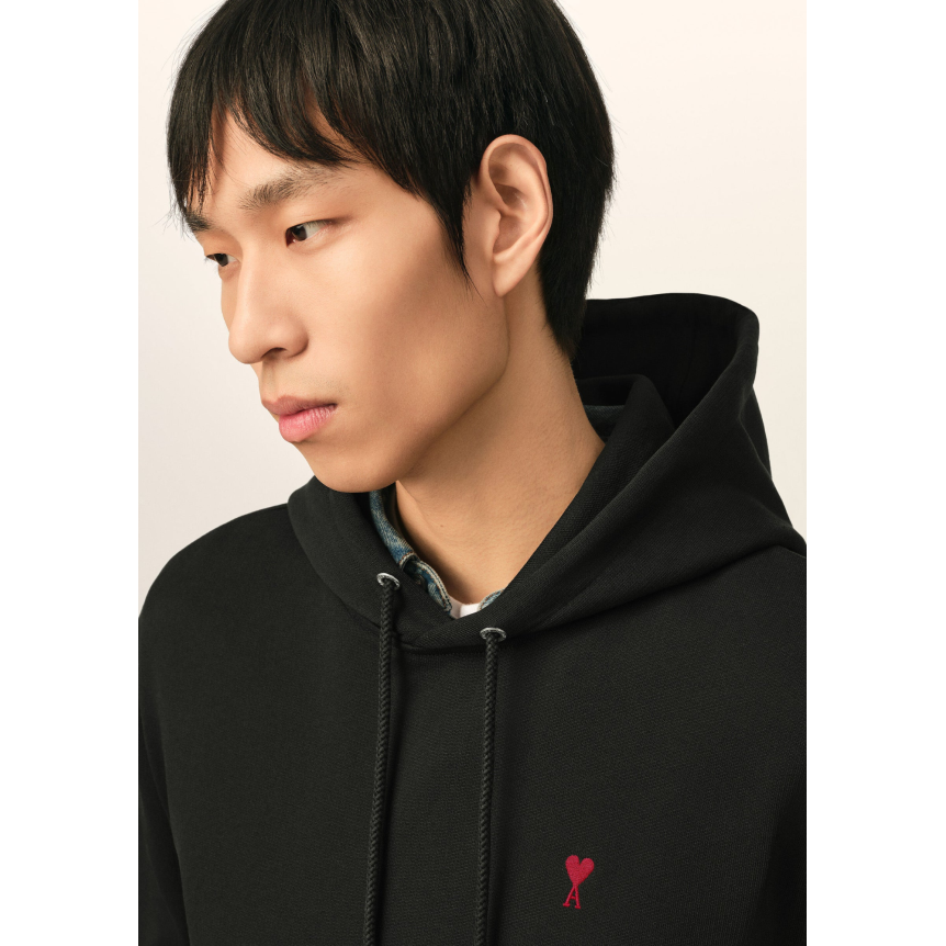 Sweat-shirt à capuche AMI Paris molleton de coton non gratté noir broderie cœur rouge