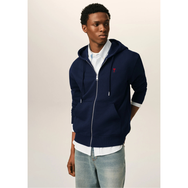 Sweat-shirt zippé à capuche AMI Paris Cardigan coton bleu marine broderie coeur rouge