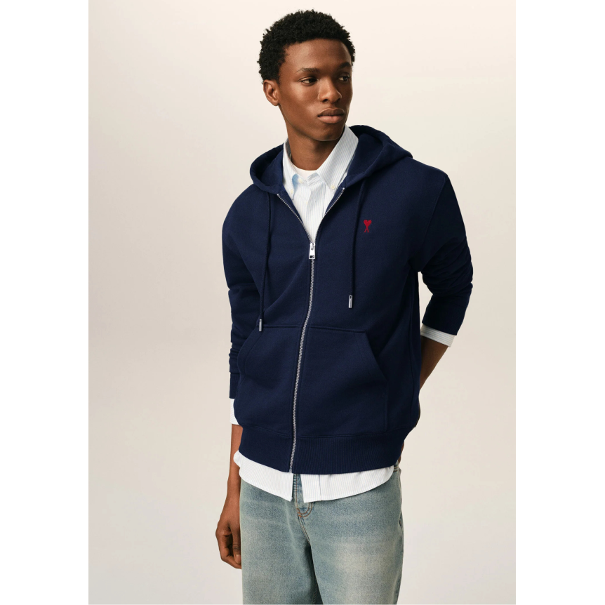 Sweat-shirt zippé à capuche AMI Paris Cardigan coton bleu marine broderie coeur rouge
