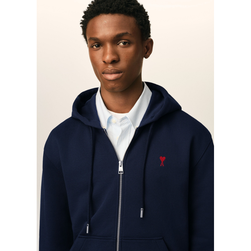 Sweat-shirt zippé à capuche AMI Paris Cardigan coton bleu marine broderie coeur rouge