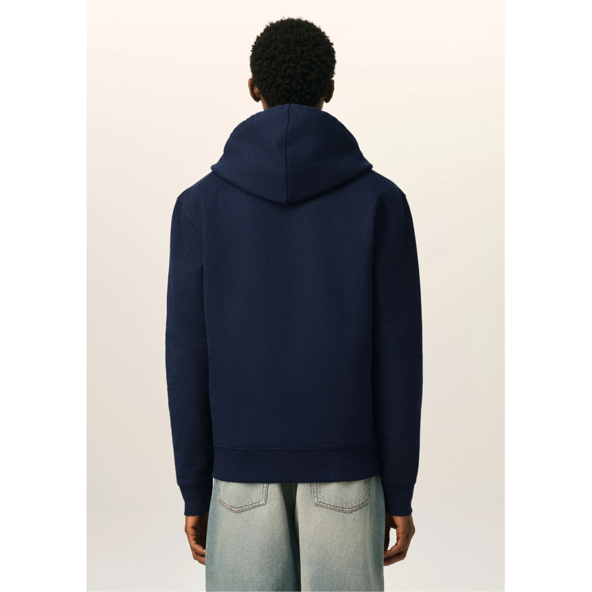 Sweat-shirt zippé à capuche AMI Paris Cardigan coton bleu marine broderie coeur rouge