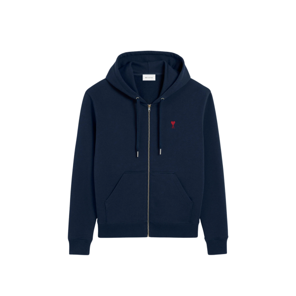 Sweat-shirt zippé à capuche AMI Paris Cardigan coton bleu marine broderie coeur rouge