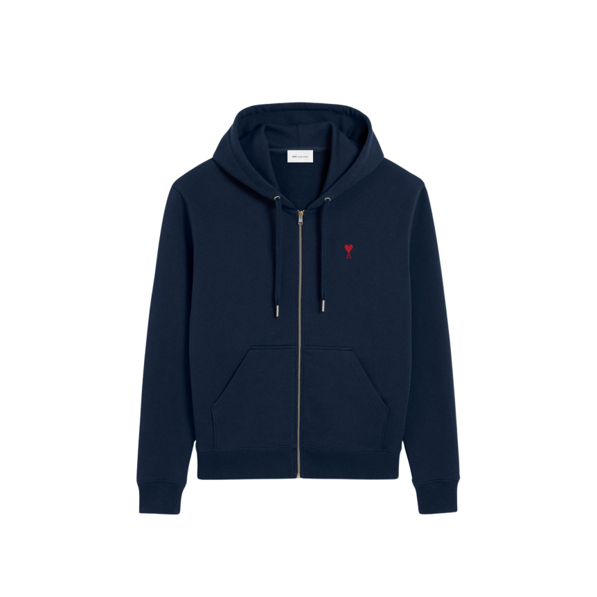 Sweat-shirt zippé à capuche AMI Paris Cardigan coton bleu marine broderie coeur rouge