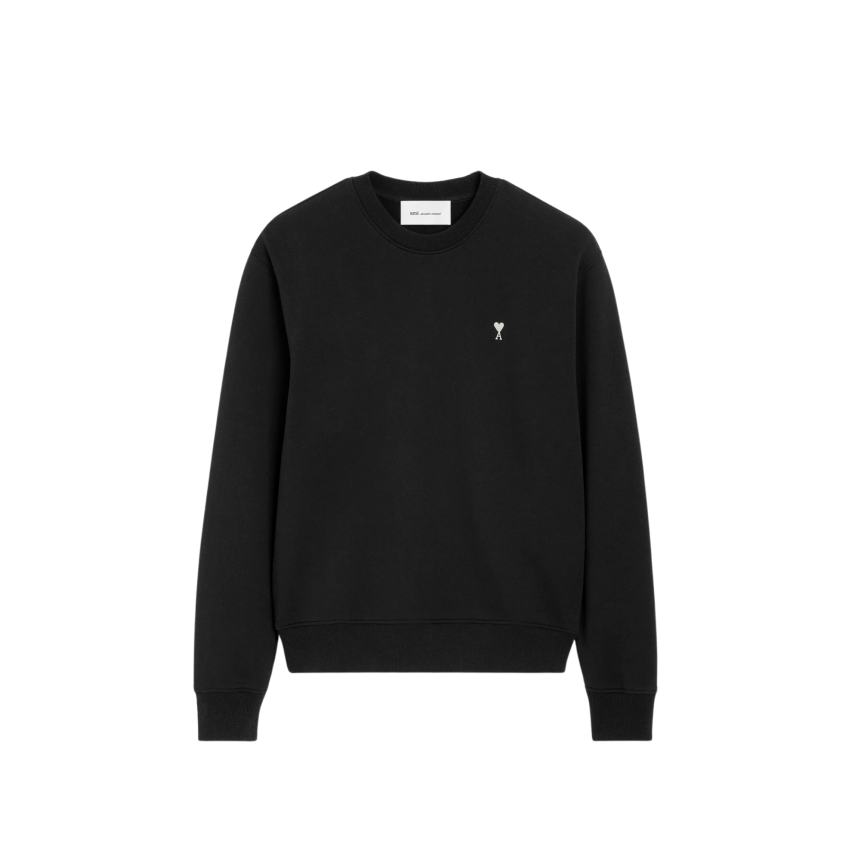Sweat-shirt col rond AMI Paris molleton de coton noir broderie cœur blanc