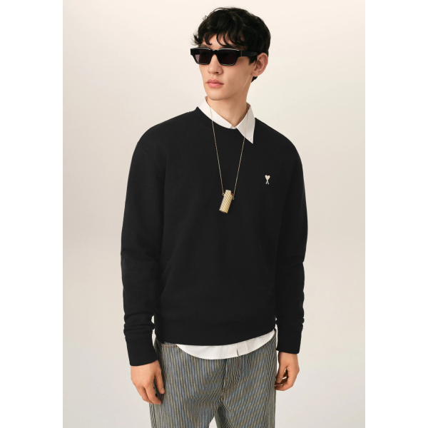 Sweat-shirt col rond AMI Paris molleton de coton noir broderie cœur blanc