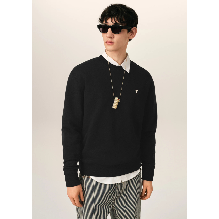 Sweat-shirt col rond AMI Paris molleton de coton noir broderie cœur blanc