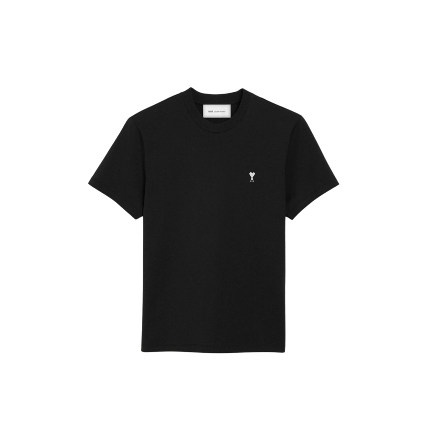 T-shirt manche courte AMI Paris col rond jersey de coton noir broderie cœur blanc