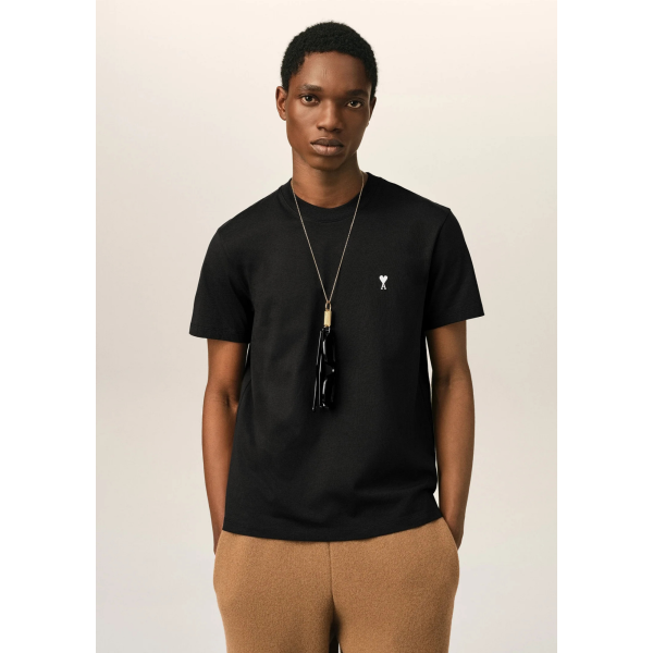 T-shirt manche courte AMI Paris col rond jersey de coton noir broderie cœur blanc