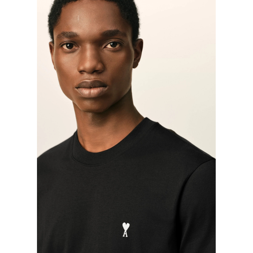 T-shirt manche courte AMI Paris col rond jersey de coton noir broderie cœur blanc