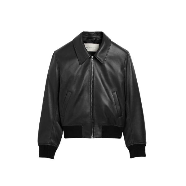 Blouson zippé à col AMI Paris cuir agneau lisse noir