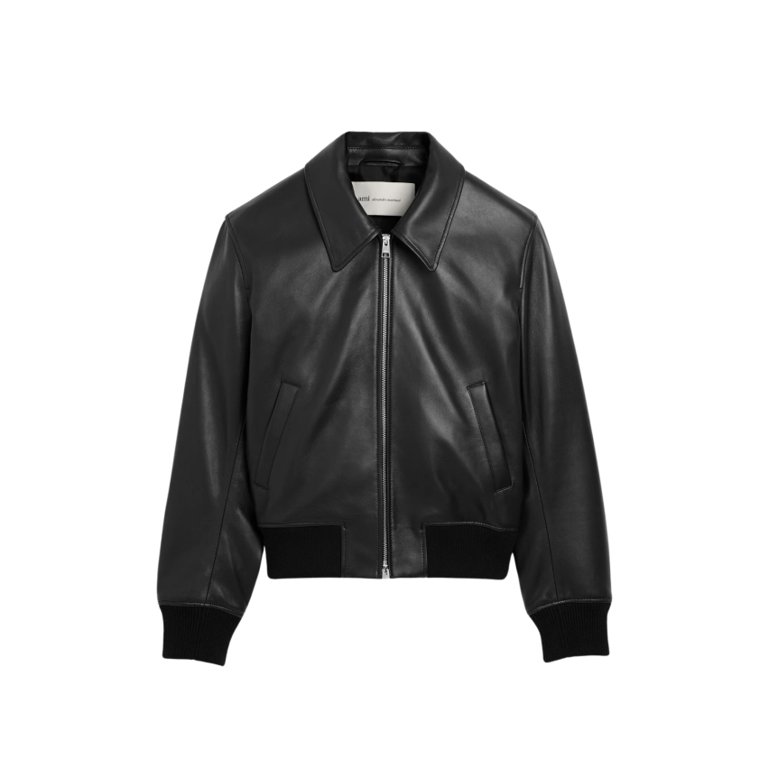 Blouson zippé à col AMI Paris cuir agneau lisse noir