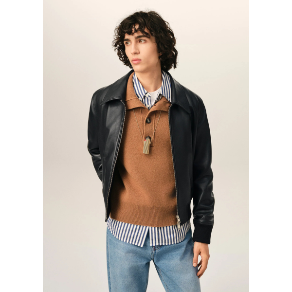 Blouson zippé à col AMI Paris cuir agneau lisse noir