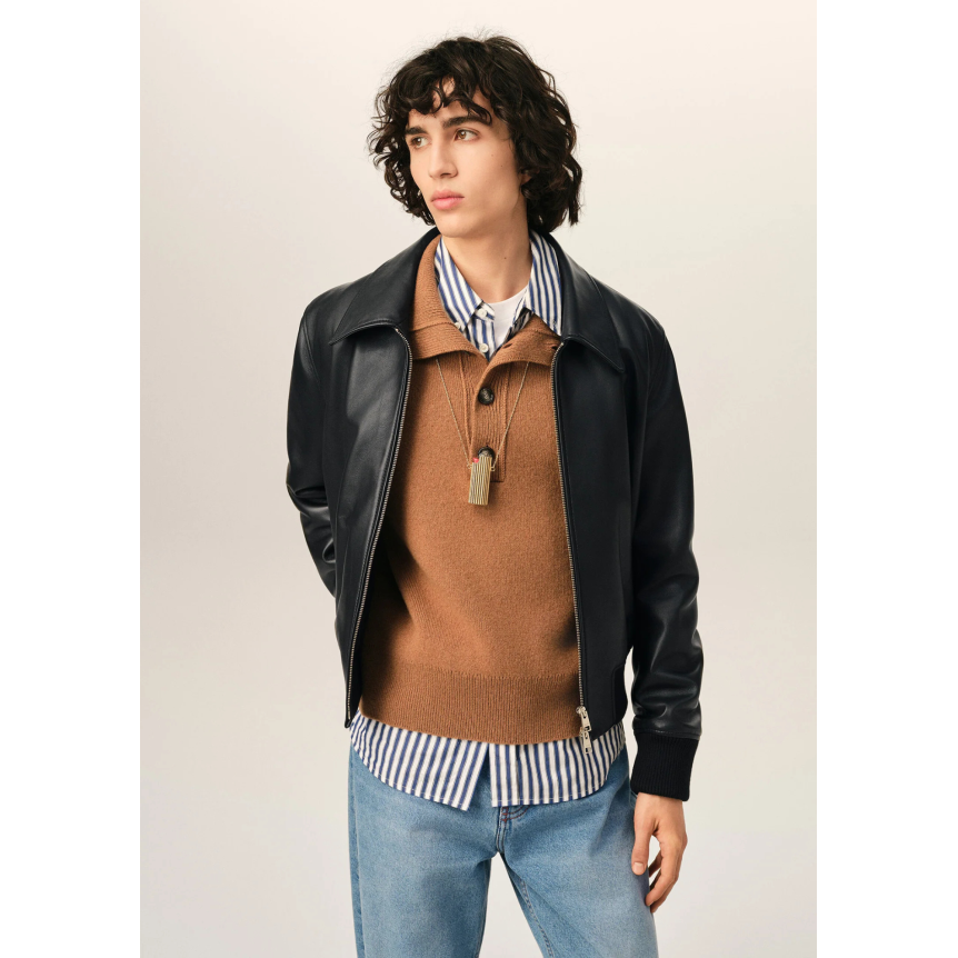 Blouson zippé à col AMI Paris cuir agneau lisse noir