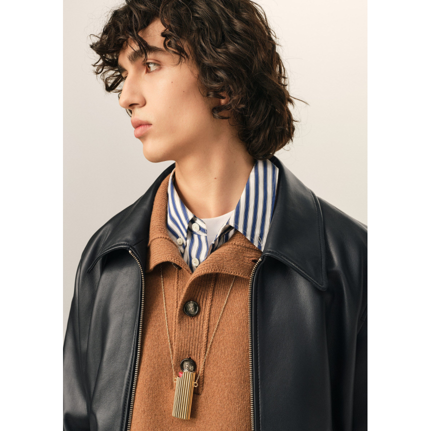 Blouson zippé à col AMI Paris cuir agneau lisse noir