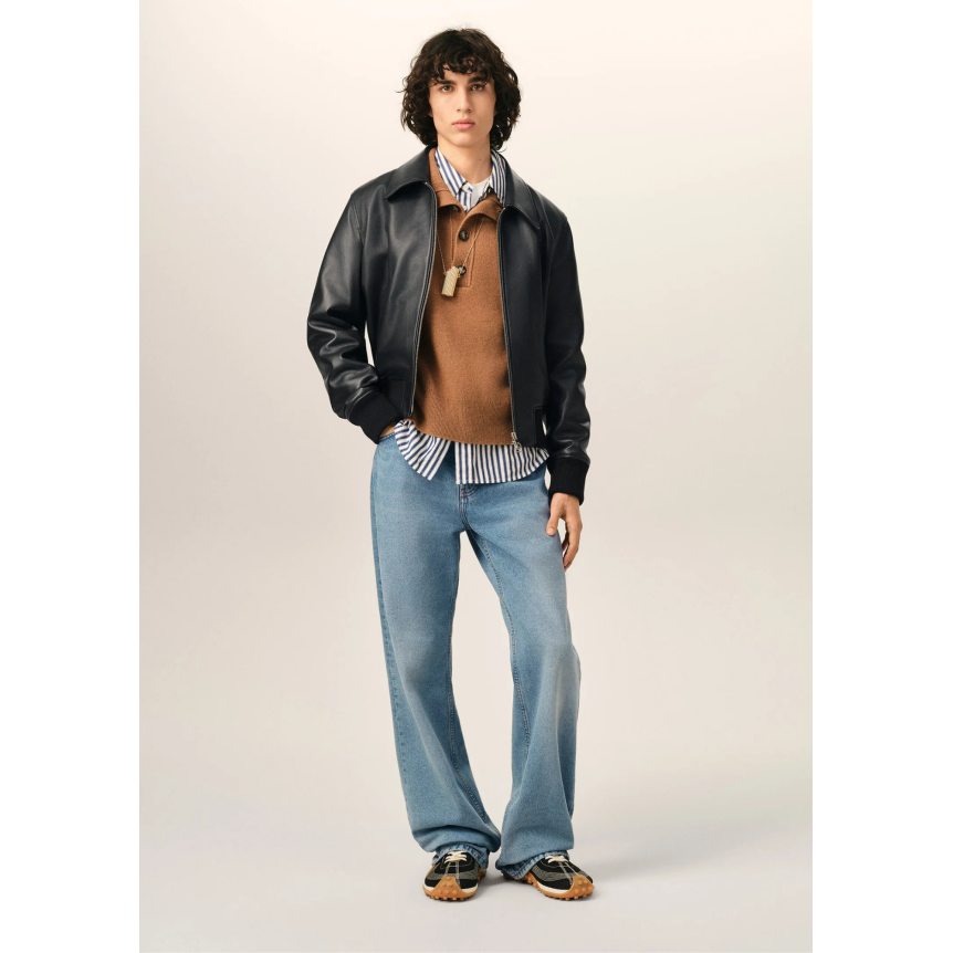 Blouson zippé à col AMI Paris cuir agneau lisse noir