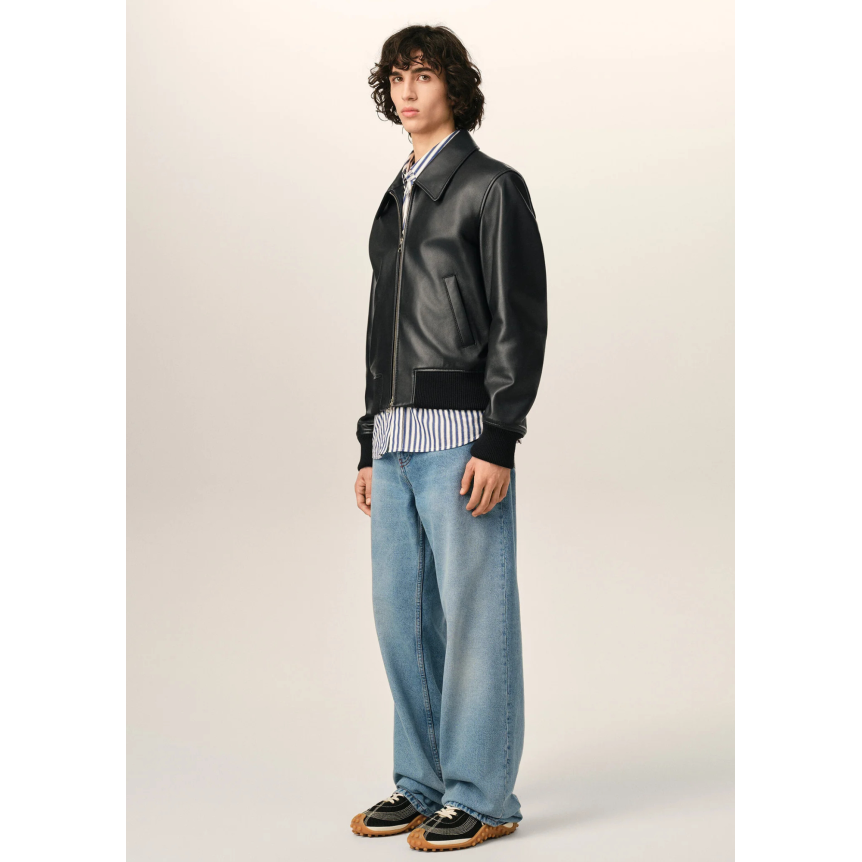 Blouson zippé à col AMI Paris cuir agneau lisse noir