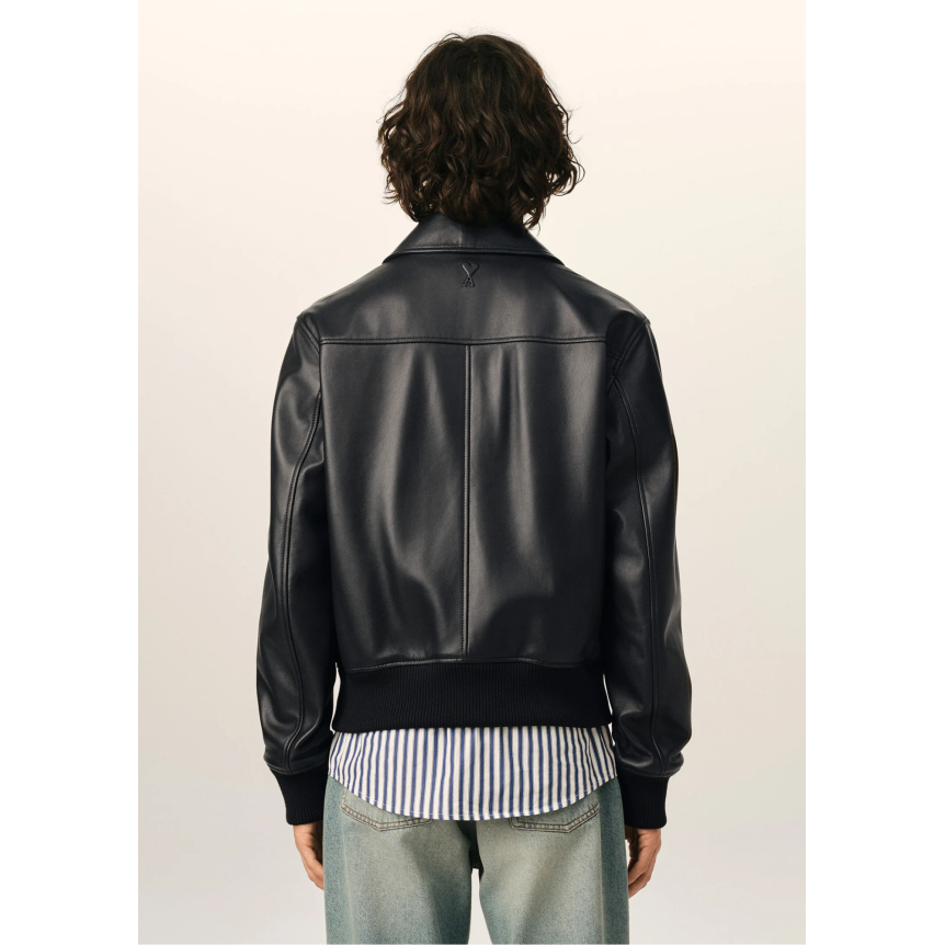 Blouson zippé à col AMI Paris cuir agneau lisse noir