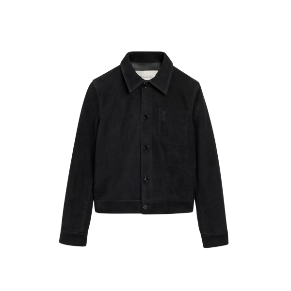 Veste à boutons AMI Paris cuir de chêvre suédée noir poche poitrine cœur embossé