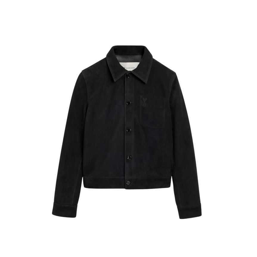 Veste à boutons AMI Paris cuir de chêvre suédée noir poche poitrine cœur embossé