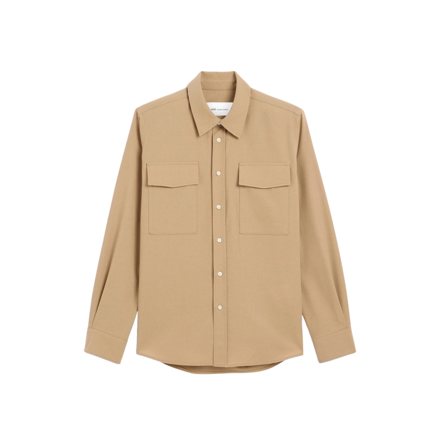 Chemise classique AMI Paris manche longue en sergé de laine beige poches poitrine