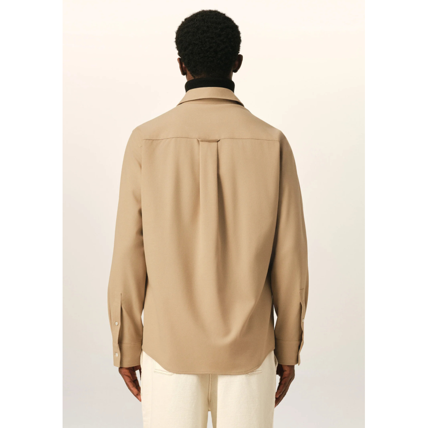 Chemise classique AMI Paris manche longue en sergé de laine beige poches poitrine