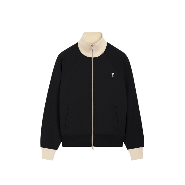 Sweat-shirt zippé AMI Paris en molleton de coton léger non gratté noir bordure col écru broderie cœur blanc